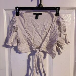 Forever 21 White Tie-Front Blouse with Lace Sleeves